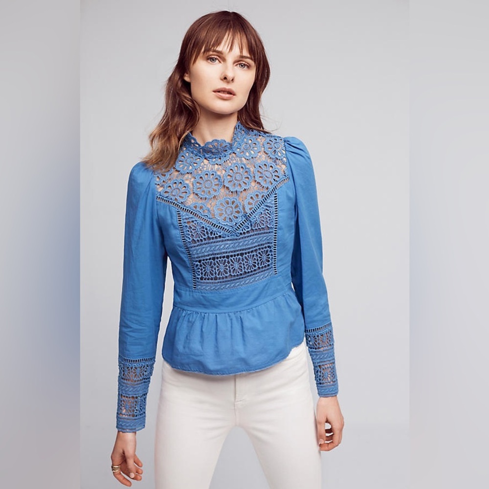 Anthropologie Plenty lace peplum long sleeved top